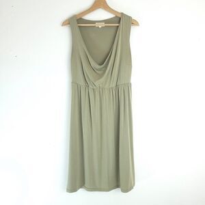 Nicole Bridger Vancouver Khaki Green Jersey Dress with Draping Plunge Neckline